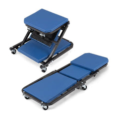 2-in-1 Rolling Creeper Seat in blue, shown in both its upright stool and flat creeper positions