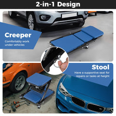 Diagram showing the 2-in-1 rolling creeper seat as a creeper and a stool