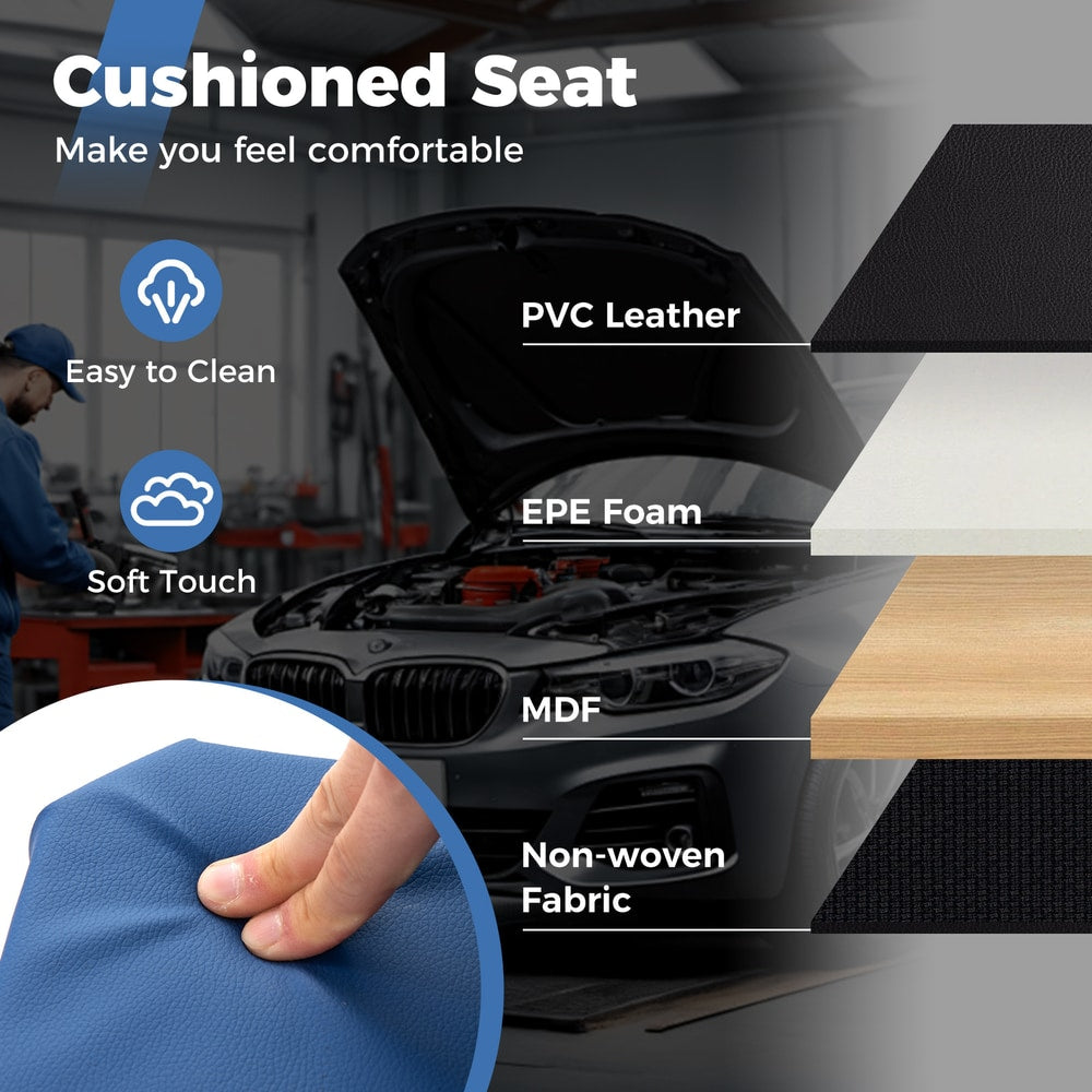 Close up of the cushioned seat material of the blue rolling creeper seat