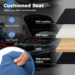 Close up of the cushioned seat material of the blue rolling creeper seat