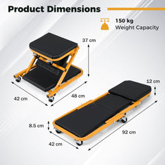 Product dimensions diagram showing the creeper seat in both configurations with measurements