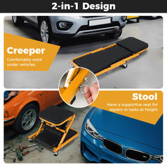 Diagram showing the creeper seat's 2-in-1 design as a creeper and a stool