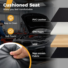 Close up of the cushioned seat material with text about its features