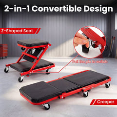 Convertible design of the red rolling creeper seat garage chair showing z-shaped seat and creeper modes