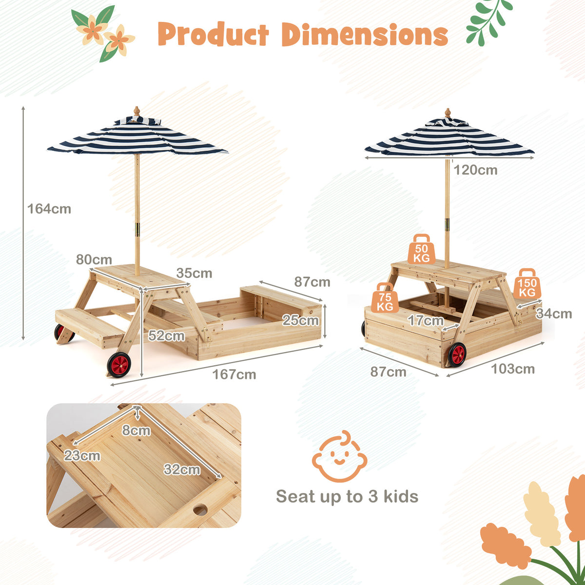 2-in-1 Wooden Sandbox with Foldable Umbrella and Convertible Picnic Table-Blue