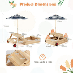 2-in-1 Wooden Sandbox with Foldable Umbrella and Convertible Picnic Table-Blue