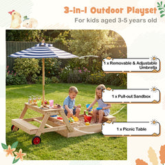 2-in-1 Wooden Sandbox with Foldable Umbrella and Convertible Picnic Table-Blue