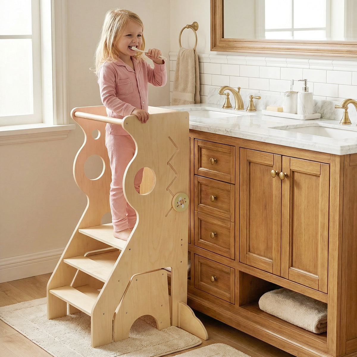 2 in 1 Wooden Standing Tower with Removable Safety Bars