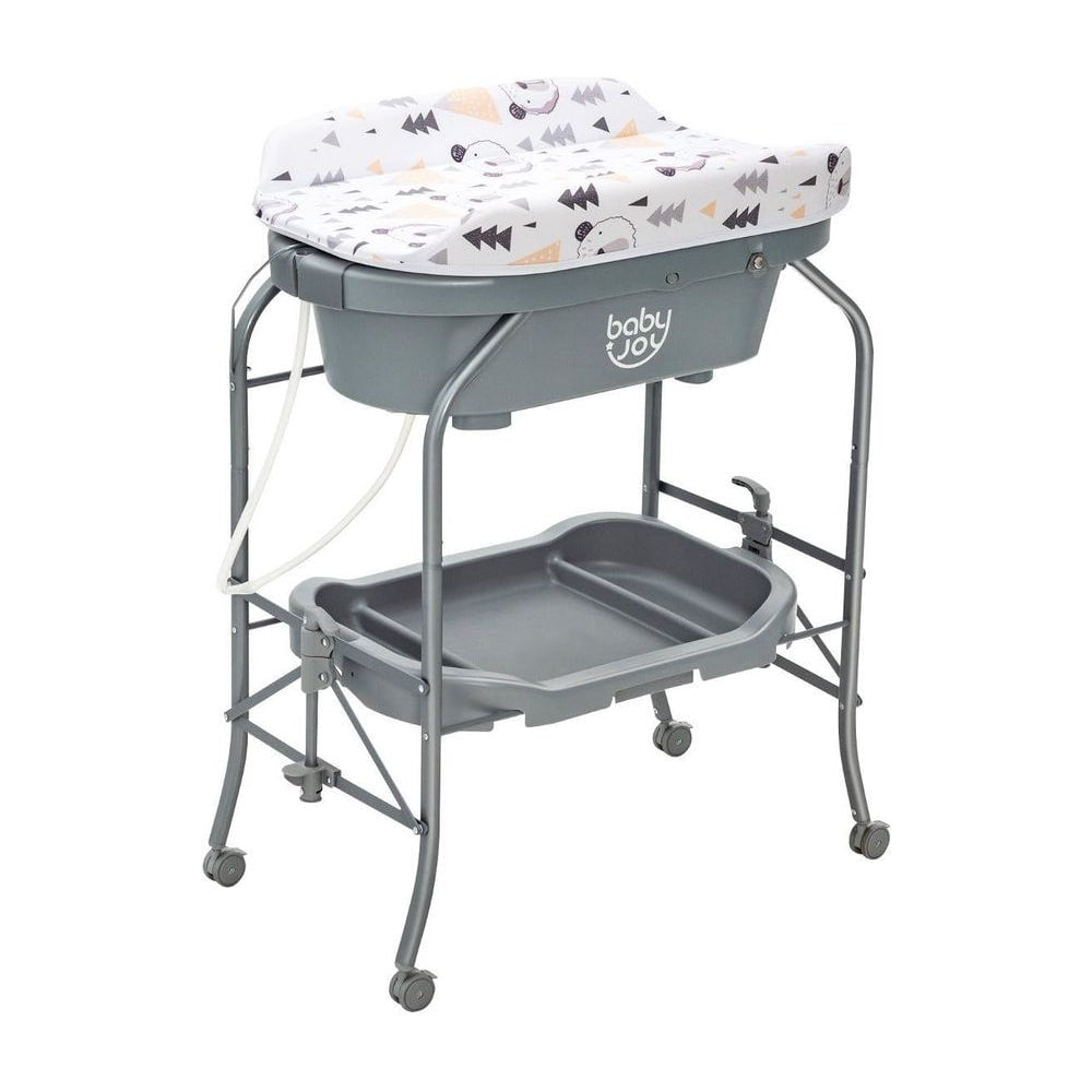 2-in-1 Baby Change Table with Bath Tub with a patterned changing mat on top and storage shelf below