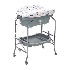 2-in-1 Baby Change Table with Bath Tub with a patterned changing mat on top and storage shelf below