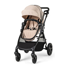 2-in-1 Convertible Baby Stroller in beige with a black frame and a storage basket underneath