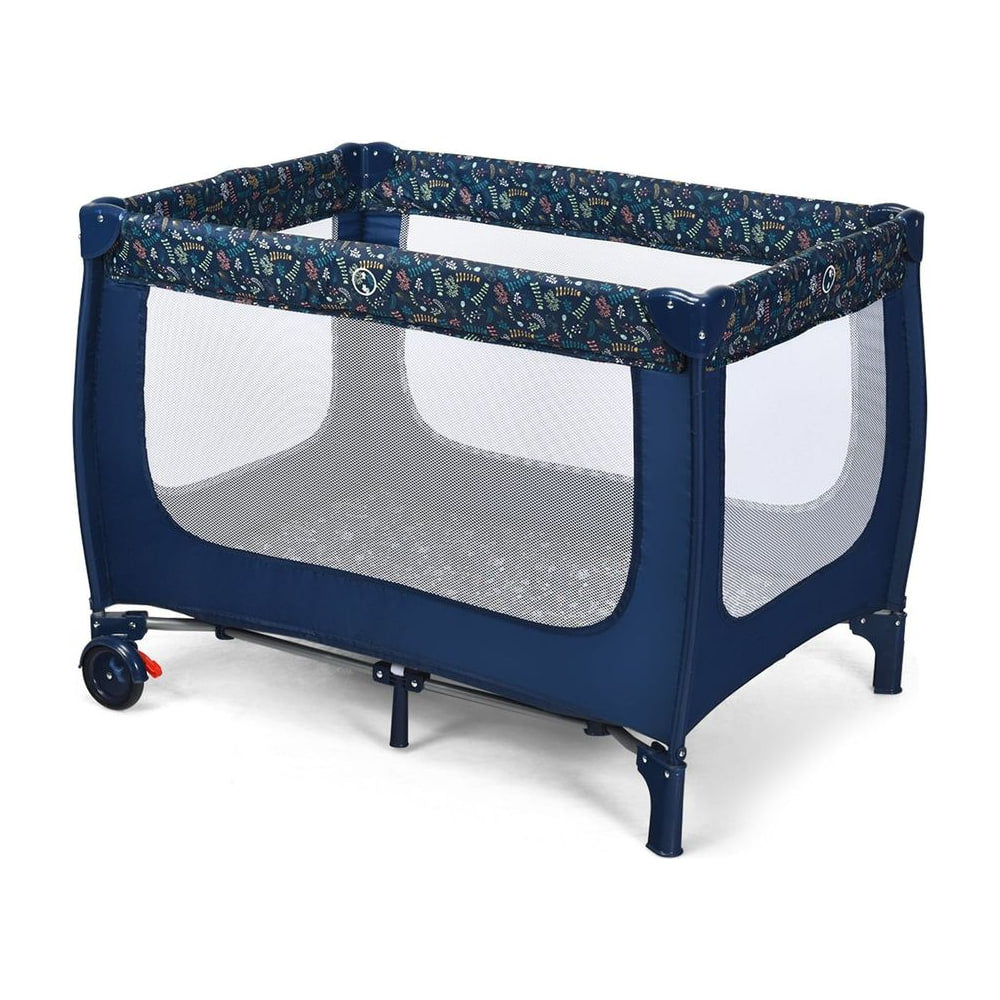 2-in-1 Foldable Baby Playpen with Lockable Wheels and Mattress in blue with a patterned trim