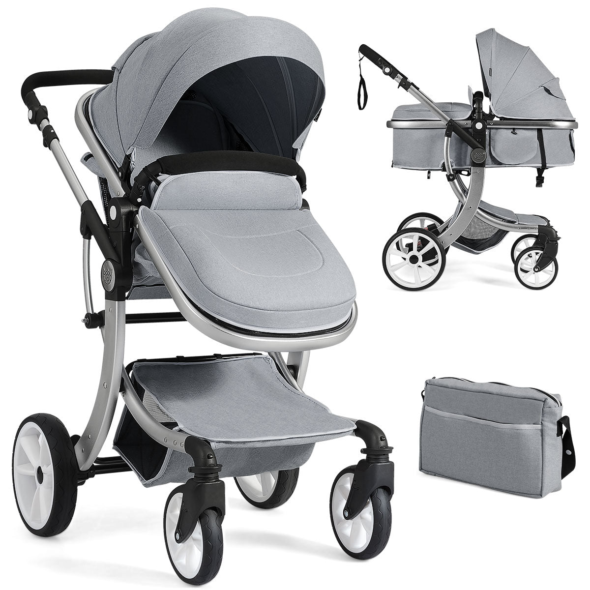 2 in 1 Foldable Baby Stroller in grey, shown with bassinet and separate carry bag