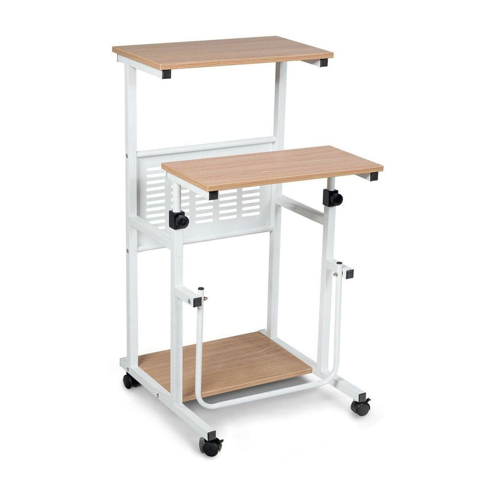 2-In-1 Mobile Lifting Height Adjustable Computer Desk with two wooden shelves and white metal frame