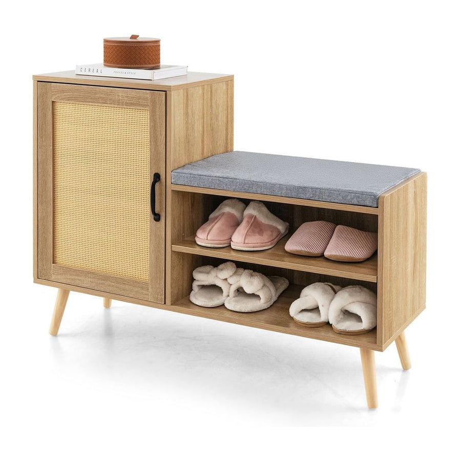 2-in-1 Rattan Shoe Cabinet with a grey cushioned seat and open shelves filled with slippers