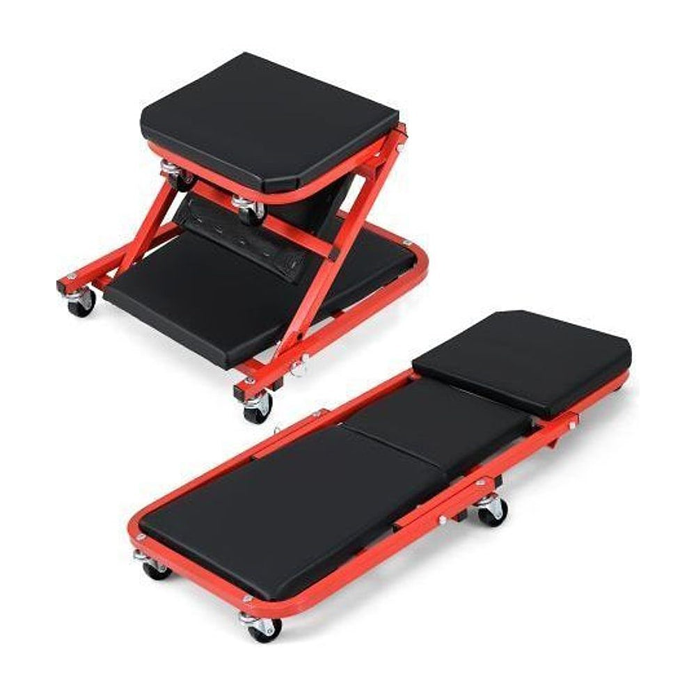 2-in-1 Rolling Creeper Seat shown in its upright and flat positions