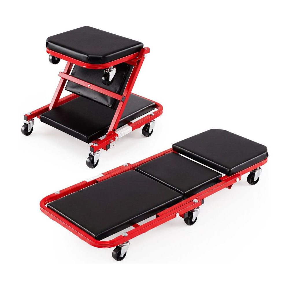 2-in-1 Rolling Folding Z Creeper Seat Roller Garage Chair in red with black padding, shown in two positions