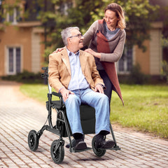 2-in-1 Foldable Rollator Walker with Seat and Pneumatic Tires for All Terrain-Black