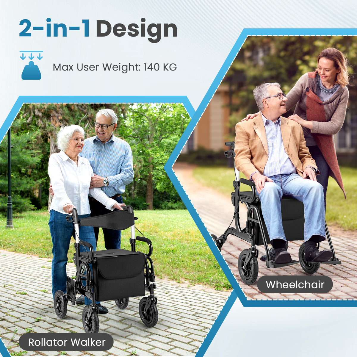 2-in-1 Foldable Rollator Walker with Seat and Pneumatic Tires for All Terrain-Black