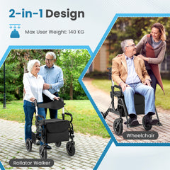 2-in-1 Foldable Rollator Walker with Seat and Pneumatic Tires for All Terrain-Black