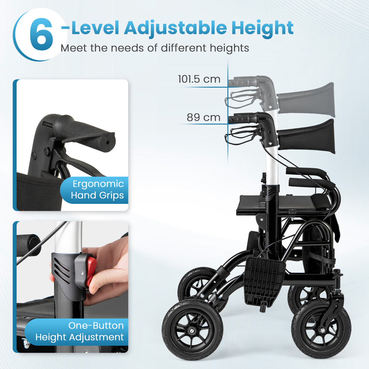 2-in-1 Foldable Rollator Walker with Seat and Pneumatic Tires for All Terrain-Black