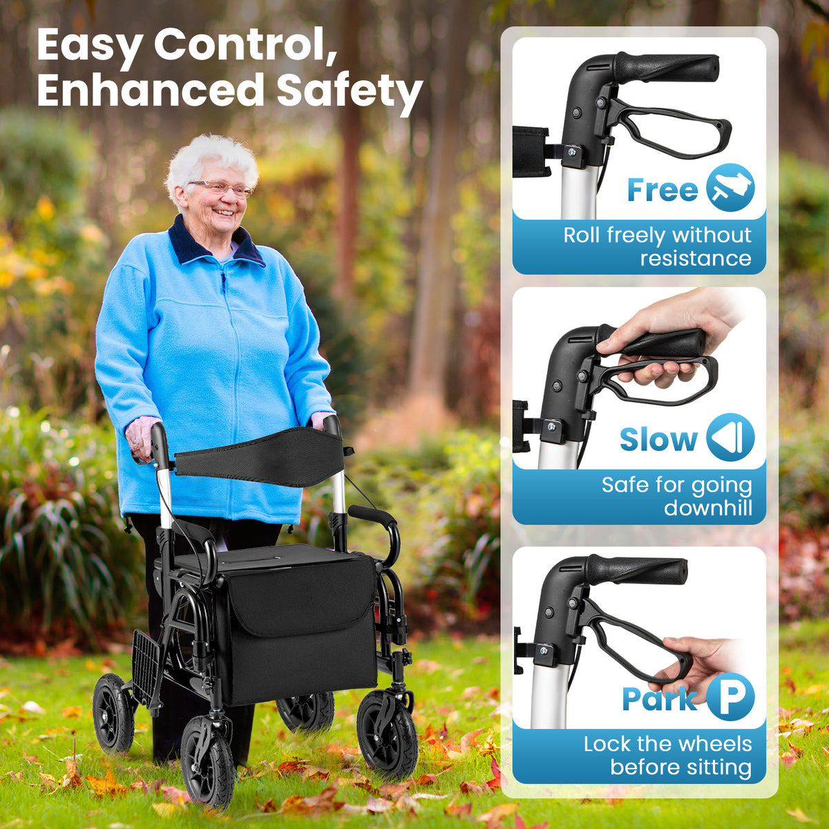 2-in-1 Foldable Rollator Walker with Seat and Pneumatic Tires for All Terrain-Black