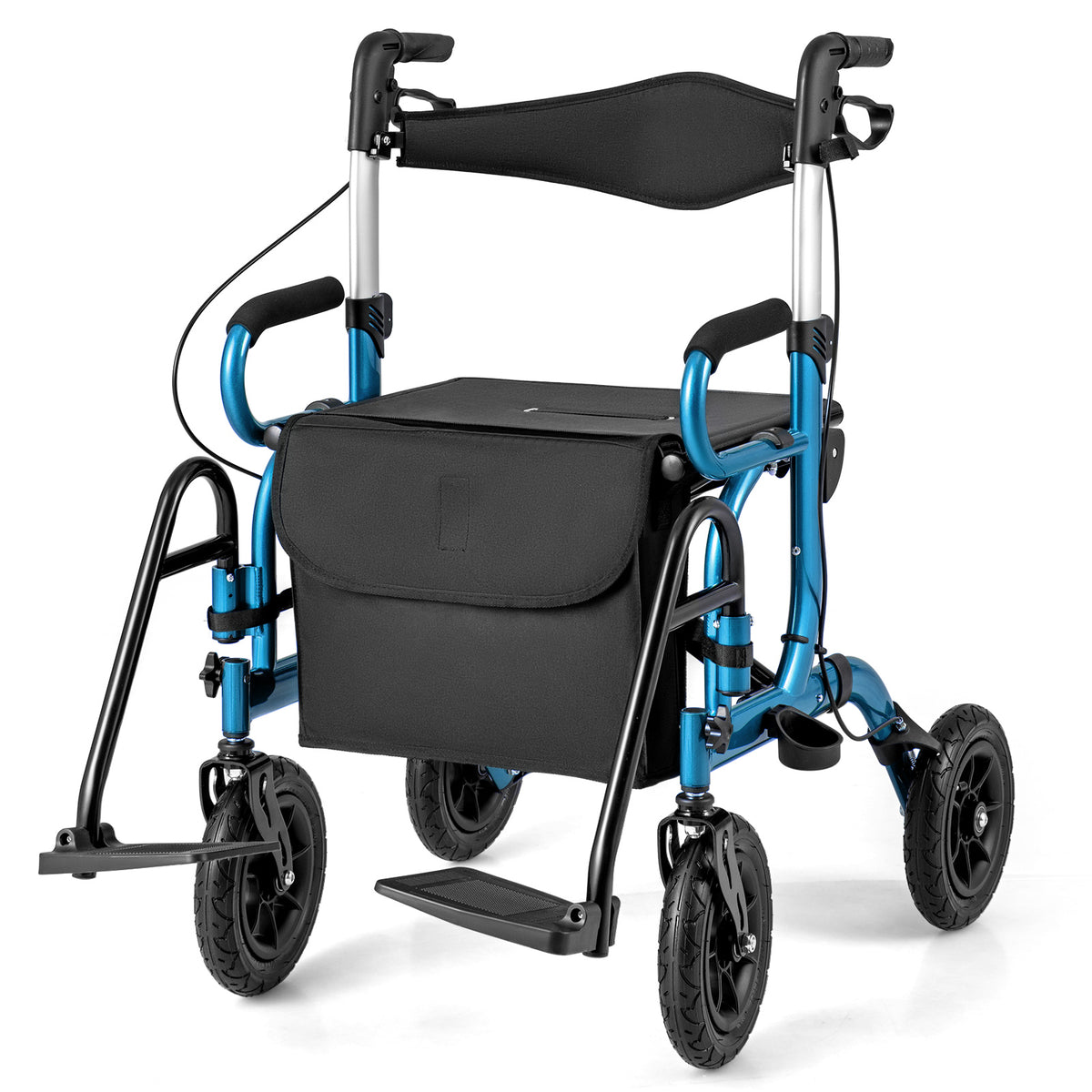 2-in-1 Foldable Rollator Walker with Seat and Pneumatic Tires for All Terrain-Navy