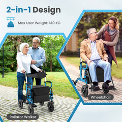 2-in-1 Foldable Rollator Walker with Seat and Pneumatic Tires for All Terrain-Navy