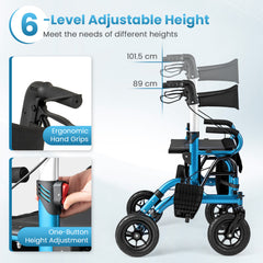2-in-1 Foldable Rollator Walker with Seat and Pneumatic Tires for All Terrain-Navy