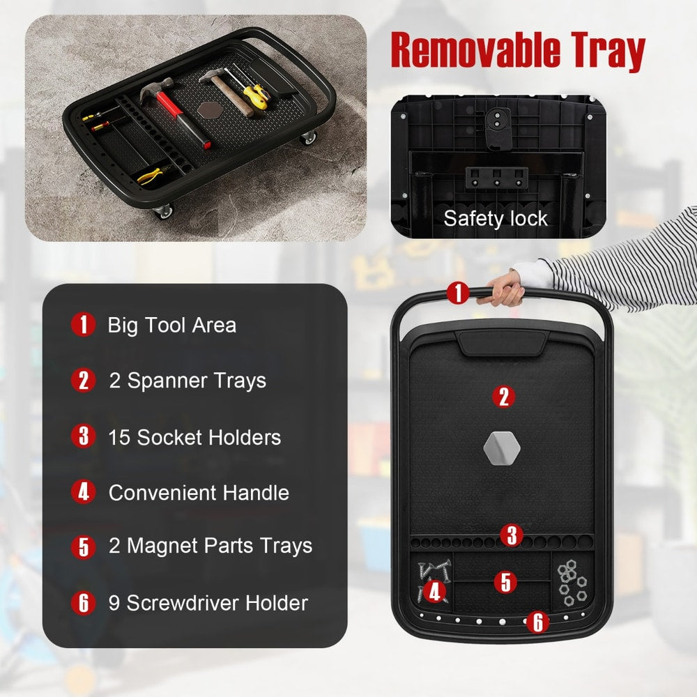 Features of the rolling tool tray with detachable part tray, including removable tray and tool holders