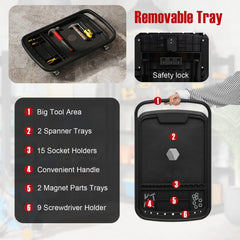 Features of the rolling tool tray with detachable part tray, including removable tray and tool holders