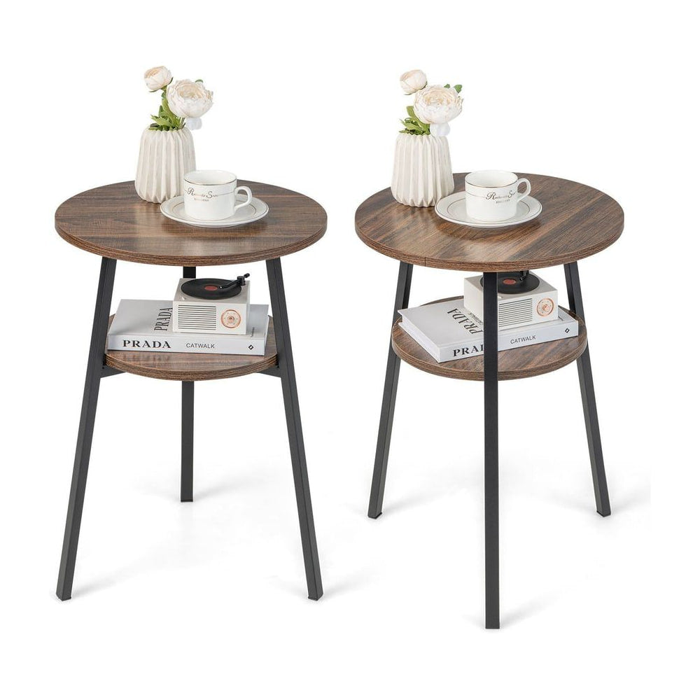 2 Pack 2-Tier Wooden Round Side Table set with brown surfaces and black metal legs