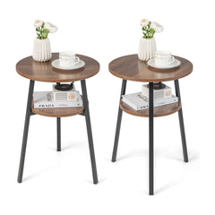 2 Pack 2-Tier Wooden Round Side Table with walnut shelves and black metal frames on white background