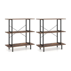 2-Pack 3-Tier Industrial Bookshelf with open shelves in rustic brown wood effect and black metal frame