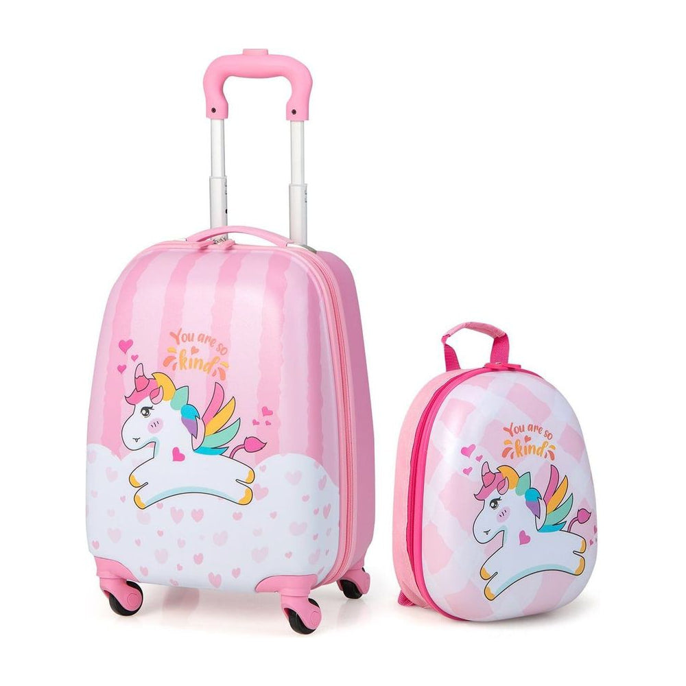 2 Piece Kids Luggage Set with a pink unicorn design on both the wheeled case and backpack