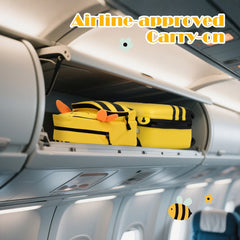 The kids luggage stored inside an overhead compartment on an aeroplane