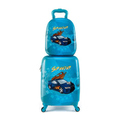 2 Pieces Kid Luggage Set with 4 spinner wheels and telescopic handle in navy blue with a car design
