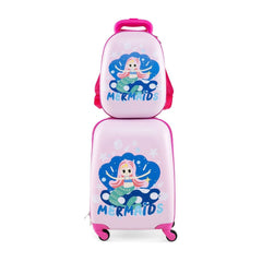 2 Pieces Kids Luggage Set with wheels and adjustable handle in light purple with mermaid design