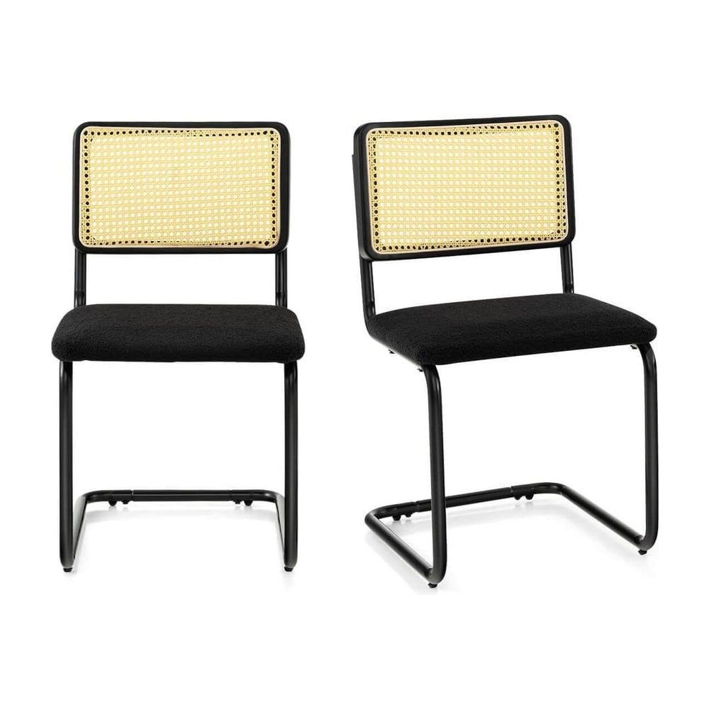 2 Pieces Mid-Century Modern Dining Chair with Cantilever Design in black with woven cane backrests and black fabric seats