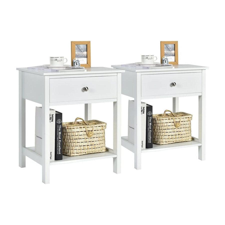 2 Pieces Wooden Nightstand with Drawer and Storage Shelf-White