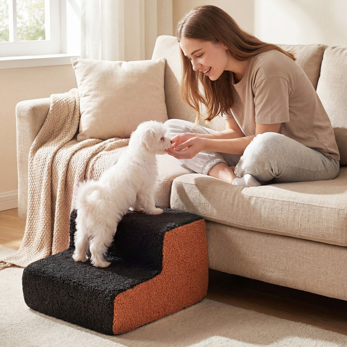 2-tier Foam Dog Ramp High-density Pet Stairs with Non-Slip Bottom-Black