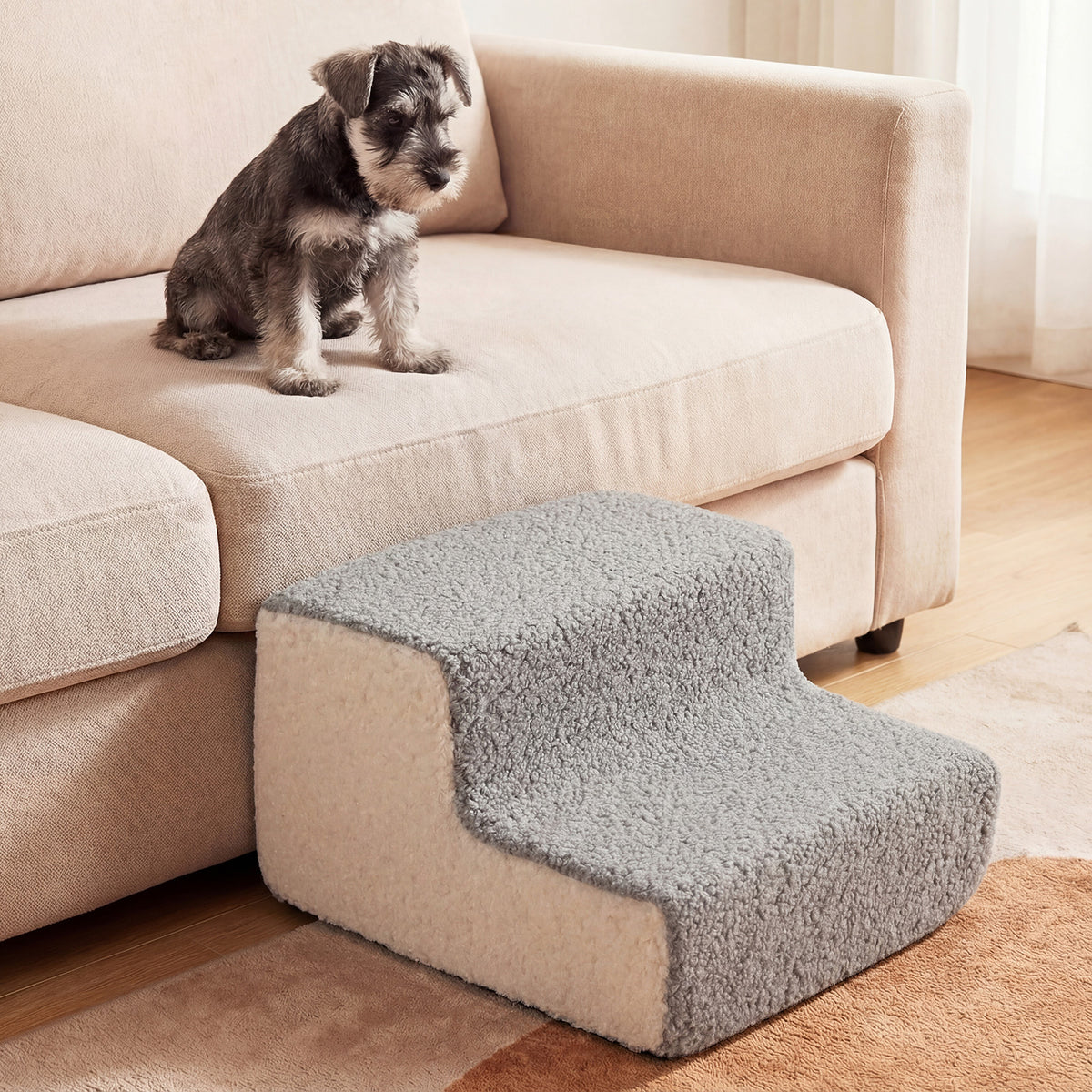 2-tier Foam Dog Ramp High-density Pet Stairs with Non-Slip Bottom-Grey