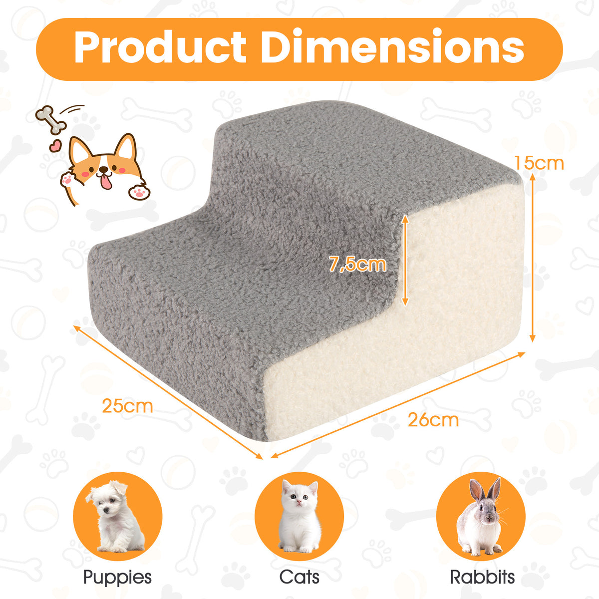 2-tier Foam Dog Ramp High-density Pet Stairs with Non-Slip Bottom-Grey