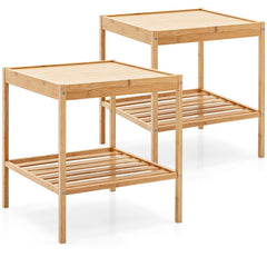 2-tier Bamboo Bedside Tables Set of 2 with Storage Shelf-Natural, showing two tables side by side