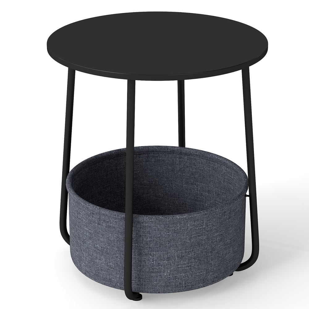 2-Tier End Table with a round black top and a grey fabric storage basket underneath