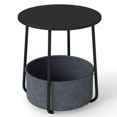 2-Tier End Table with a round black top and a grey fabric storage basket underneath