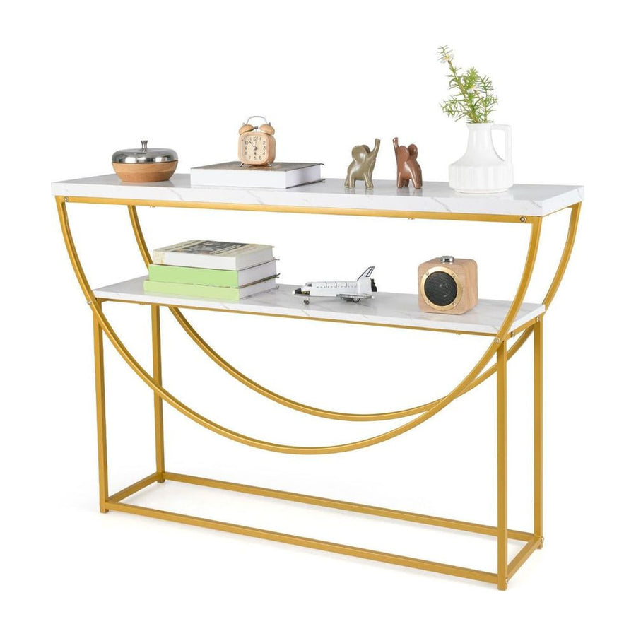 2-Tier Faux Marble Top Console Table with Storage Shelf in White and Golden