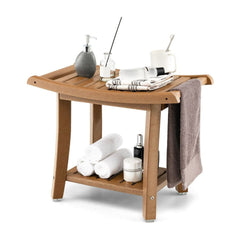 2-tier HDPE Waterproof Shower Bench with Curved Seat in brown, shown with towels and toiletries