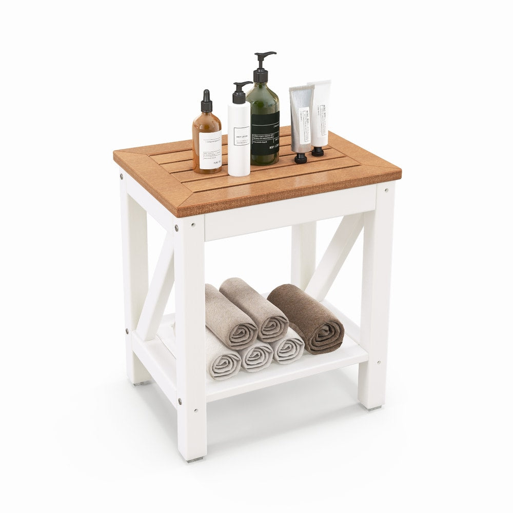 2-Tier Waterproof Shower Bench with Storage Shelf in Brown