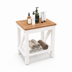 2-Tier Waterproof Shower Bench with Storage Shelf in Brown